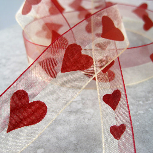 Sheer Cream & Crimson ribbon with Crimson Heart motifs
